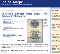 March 28th 2005 Inside Magic Article: Tim Ellis and Sue-Anne Webster Smash World Record for Longest Magic Show March 28th 2005 Inside Magic Article: Tim Ellis and Sue-Anne Webster Smash World Record for Longest Magic Show